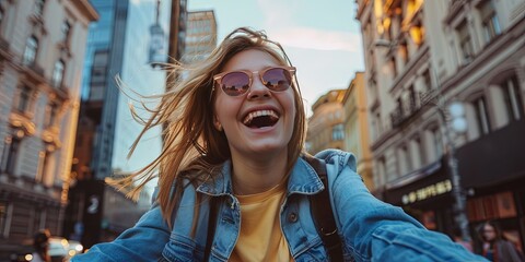 Wall Mural - Young Millennial woman wearing sunglasses and denim jacket having fun in the city