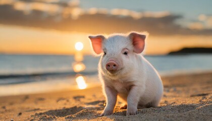 Adorable baby pig sitting on the beach at sunrise