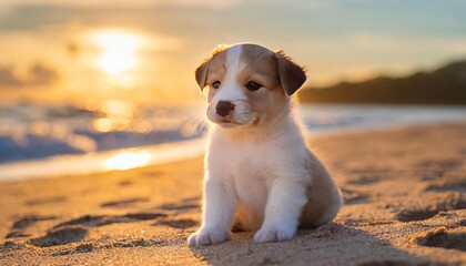 Adorable baby puppy sitting on the beach at sunrise