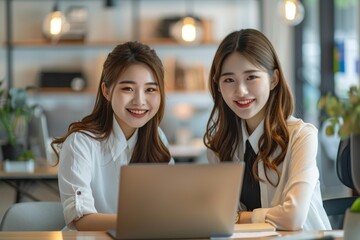 Wall Mural - two young Asian women smiling and sitting in front of their laptops, with a modern office space as the background.