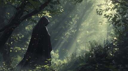a mysterious hooded figure stands at the edge of the glade their face hidden as they observe the reu