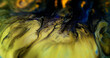 Ink spill. Glitter liquid texture. Defocused black blue yellow color metallic shiny golden dust particles paint drip emulsion leak abstract art background.
