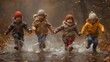 Children splashing in puddles after a rainstorm, pure glee on their faces.