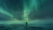 A lone figure standing in a vast expanse of snow gazing up at the hypnotizing display of the Northern Lights streaked across the midnight . .