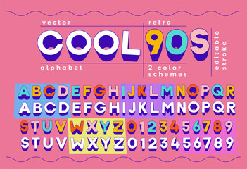 cool 90s retro alphabet effect - vibrant vector typography typeface font letters and numbers with tw