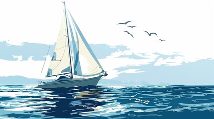 Wall Mural - Serene Sailing Adventure in the Ocean with Scenic Sky and Seabirds