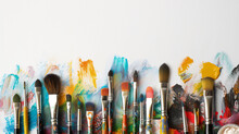 An Array Of Paintbrushes With Vibrant Paint Strokes On A White Background.