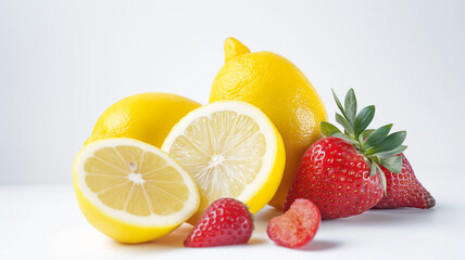 Wall Mural - Fresh lemons and strawberries on a white background.