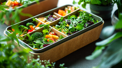 Wall Mural - A salad is served in a container with a lid. The salad is full of vegetables including broccoli, carrots, and tomatoes. The container is placed on a table with a spoon nearby
