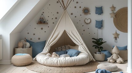 Poster - Children's bedroom, white walls Children's room in Scandinavian and modern style There is a children's tent for sleeping and playing. Decorate the walls with stars