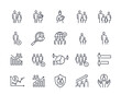 © Rudzhan - Set of linear Demographic Icons. Simple symbols with families, populations, birth rates, social groups, gender statistics. Editable stroke. Outline flat vector collection isolated on white background