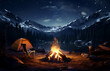 Group of friends enjoying a campfire under a starry sky with mountains in the background, a moment of outdoor bonding. Generative AI