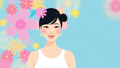 Beautiful avatar Asian girl. Happy eastern student. The young woman smiles with a pastel color background. Vector flat illustration