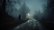 A lone figure walking down a dimly lit road surrounded by stillness and the faint glow of moonbeams. . .