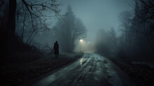 A Lone Figure Walking Down A Dimly Lit Road Surrounded By Stillness And The Faint Glow Of Moonbeams. . .