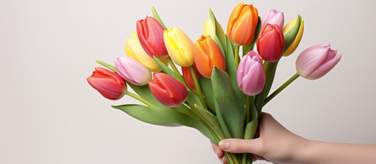 Poster - A person joyfully holds a beautiful bunch of various vibrant tulips in their hand, showcasing the colorful petals and green stems