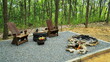 Two rock fire pit with wood table and chairs on gravel floor in the garden background. Stone fire pit with tire table decoration and wooden reclining chair on pebble ground.