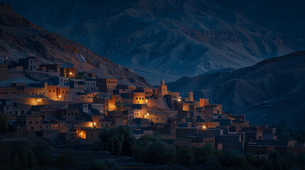 At the foot of a towering mountain range a hidden village lies nestled in the shadows. The warm glow of moonlight reveals the intricate . .