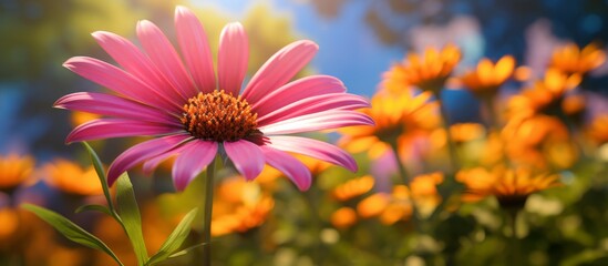 Wall Mural - Blooming in a vast expanse of greenery is a lovely pink flower displaying a vibrant yellow center amidst the field