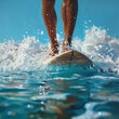 A surfers feet expertly balanced on a waxed surfboard with the turquoise wave cresting beneath