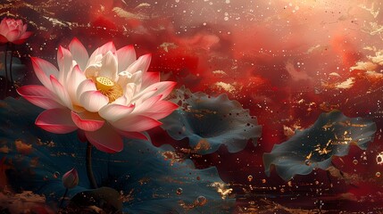 Traditional red and green lotus flower illustration poster background