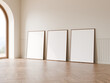 Three vertical frame mockup with white wall minimal decoration, Wood floor, Arch door, 3d illustration.