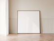 Square frame mockup with minimal interior decoration, Wood floor, White sheer curtain, 3d illustration.