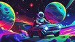 © Viriya_01k - Astronaut robot riding a car on a planet in space with colorful modern style illustration