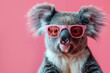 Front view portrait of gray koala wearing sunglasses on a pink background.
