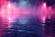 Neon pink lights and night water surface
