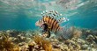Lionfish swimming, venomous spines, striking pattern, an invasive beauty. 