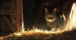 Cat prowling in the barn, green eyes glowing, a rodent's nemesis. -