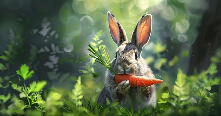 Wall Mural - Rabbit nibbling on a carrot, ears long, a cuddly farm pet. 