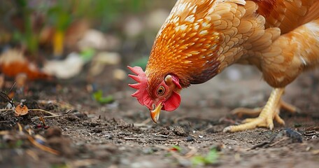 Poster - Chicken pecking at the ground, feathers ruffled, the farmyard's busybody. 