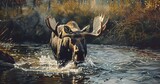 Fototapeta  - Moose wading through a stream, antlers spread wide, gentle giant. 