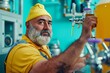 Senior brewmaster in yellow beanie meticulously crafting beer, exemplifying skilled artisanship and commitment to the brewing craft. An intimate portrait against a modern, colorful setup