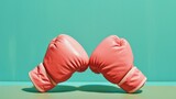 Fototapeta Dziecięca - Intersecting pink boxing gloves against turquoise backdrop in a pastel composition for combat sports training