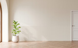 Fototapeta Panele - Interior empty white wall with Fiddle fig plant, wooden herringbone parquet floor, 3D illustration.
