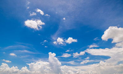 Wall Mural - panoramic view of clear blue sky and clouds, blue sky background with tiny clouds. white fluffy clou