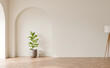 Empty white wall with Fiddle fig plant, wooden herringbone parquet floor, White cladding panel, 3D illustration.