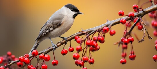 Poster - A colorful bird is sitting on a tree branch with vibrant red berries in the background, blending beautifully with nature