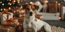 A Brown And White Dog Is Sitting In Front Of A Decorated Christmas Tree With Presents Underneath