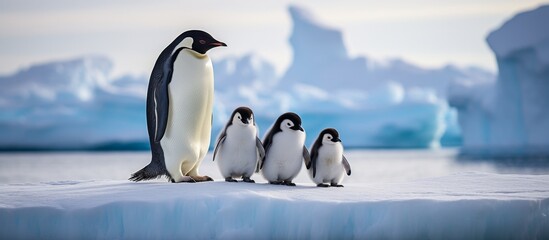 Poster - Group of penguins standing on a small iceberg surrounded by icy waters, with a majestic mountain towering in the background