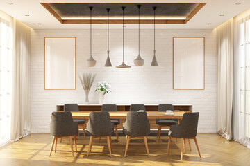 3d rendering interior of dining room with credenza and 2 frames mock up. Wood parquet floor and white brick wall background. Set 5