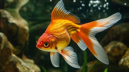 Goldfish swim in an aquarium with clear water, surrounded by white and orange colors, creating a serene underwater scene.Generative AI illustration