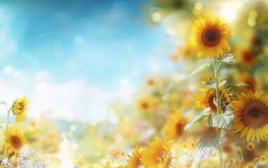 Wall Mural - A field of sunflowers with a bright blue sky in the background