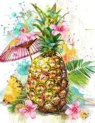  A vibrant painting featuring a pineapple surrounded by colorful umbrellas and blooming flowers, adding a tropical touch to the composition