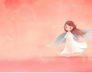 Wall Mural - A girl in a white dress with a blue wing is standing on a pink background