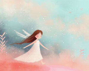 Wall Mural - A girl in a white dress with a blue wing is standing on a pink background