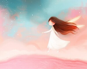 Wall Mural - A girl in a white dress with a blue wing is standing on a pink background